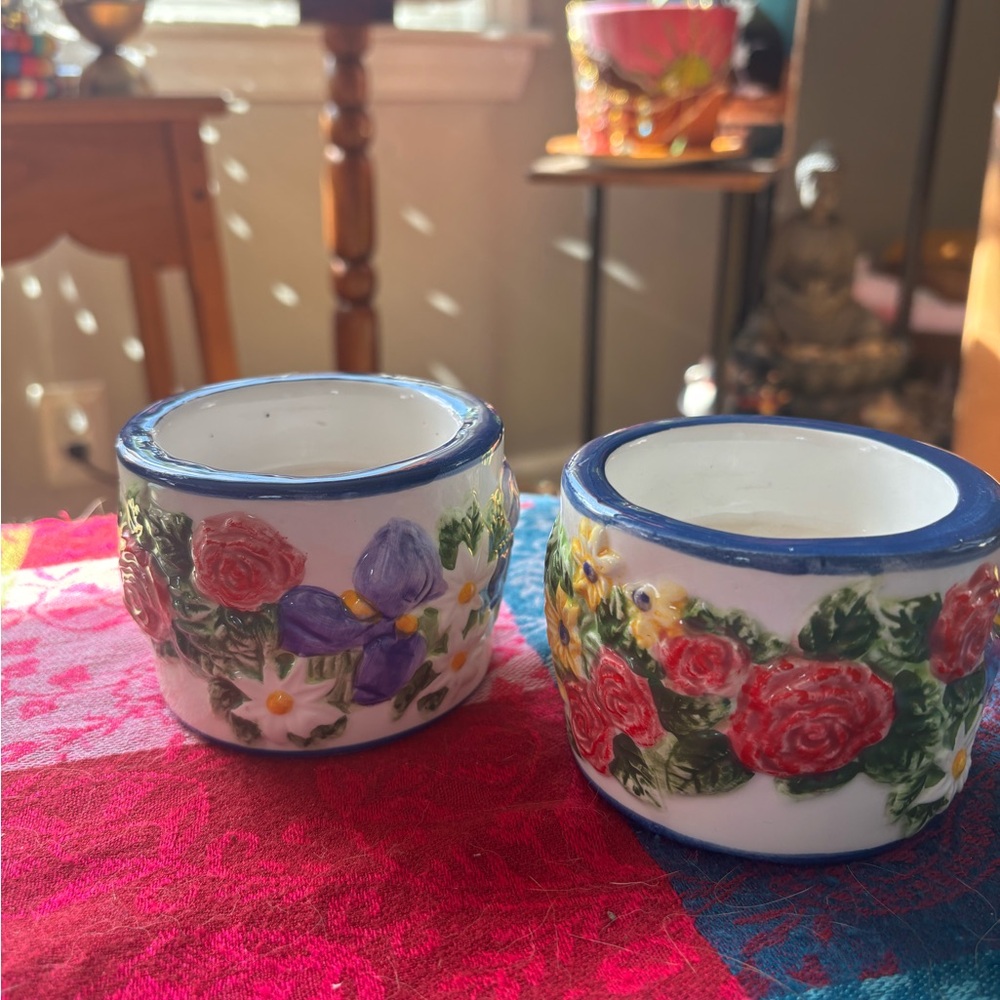 Hand-Painted Floral Ceramic candle holders with Blue Trim - Set of 2